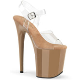 Pleaser FLAMINGO-808 Clear-Toffee 8 Inch (200mm) Heel, 4 Inch (100mm) Platform Ankle Strap Sandal